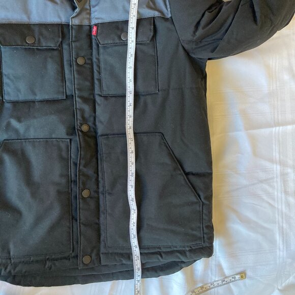 Small Levi's Sherpa Collar Utility Workwear Jacket Black Gray Colorblock Puffer - Picture 14 of 14